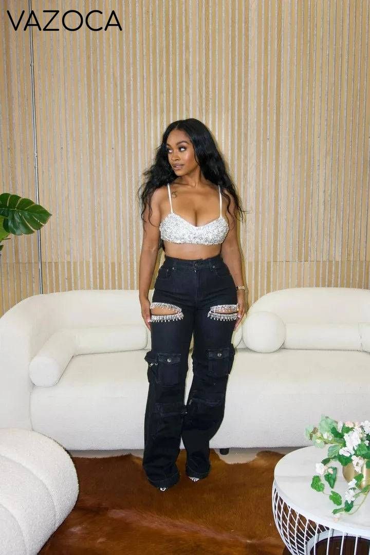 Cutout Diamonds Multi Pockets Jeans