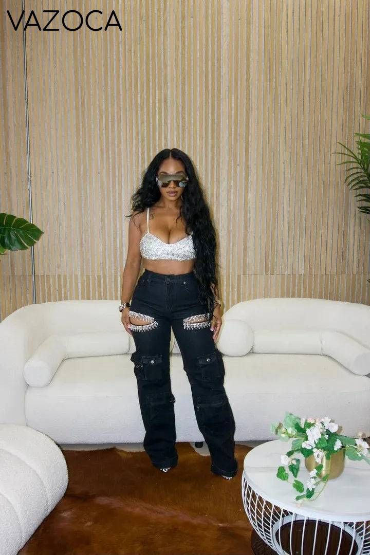 Cutout Diamonds Multi Pockets Jeans