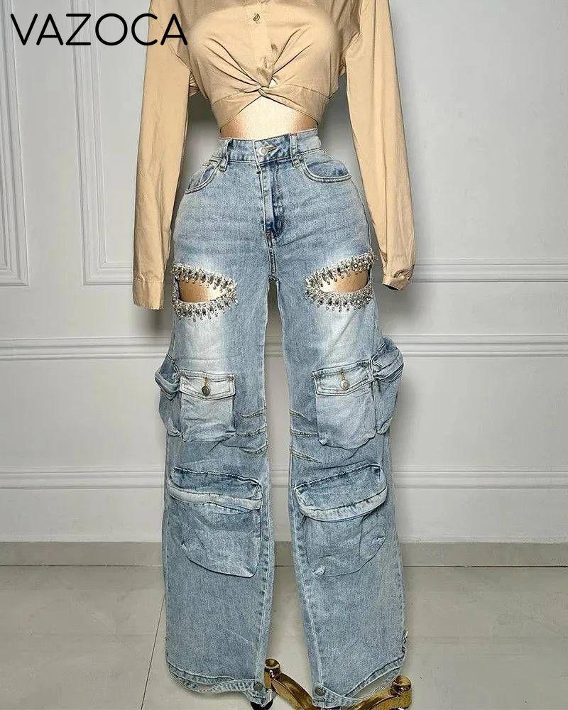 Cutout Diamonds Multi Pockets Jeans