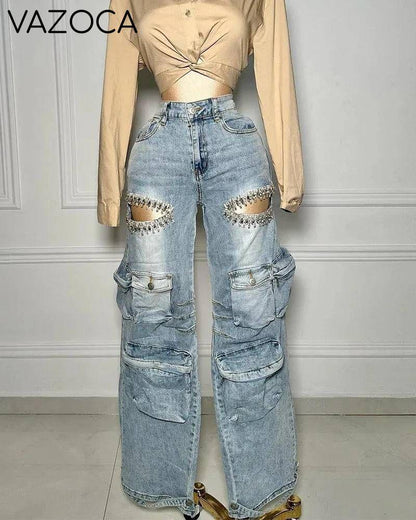Cutout Diamonds Multi Pockets Jeans