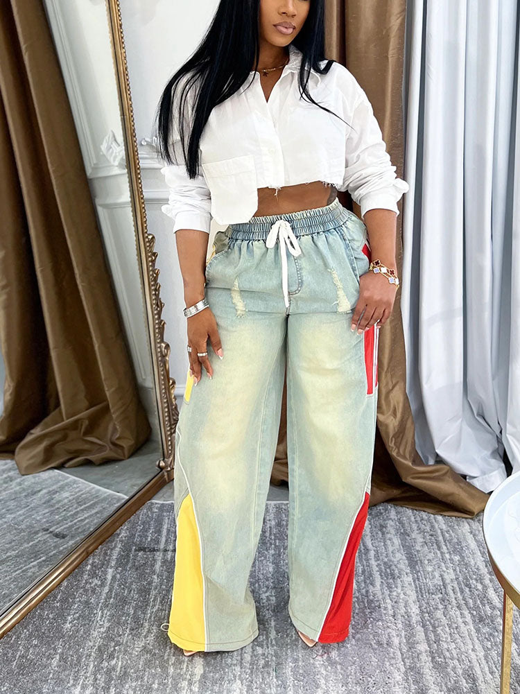 Colorblock Drawstring Jeans