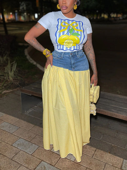 Lemon Printed Top & Denim Gingham Skirt Set