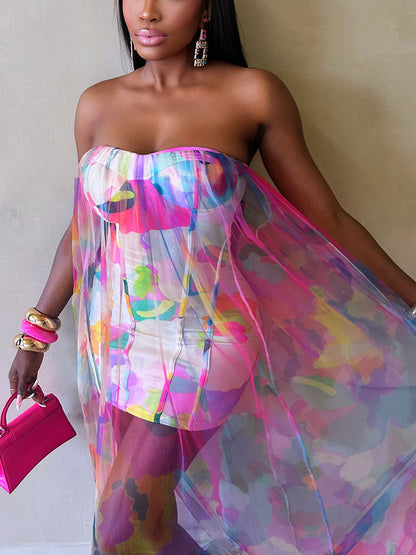 Vibrant Mesh Strapless Maxi Dress