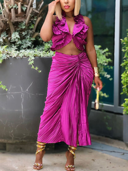 Satin Ruffle Crop Top & Skirt Set