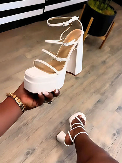 Leather Buckle Strap Platform Heel Sandals