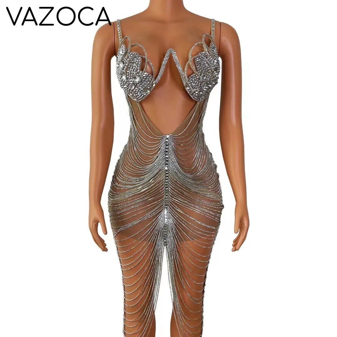 Diamond Tassel Fringe Mesh Dress