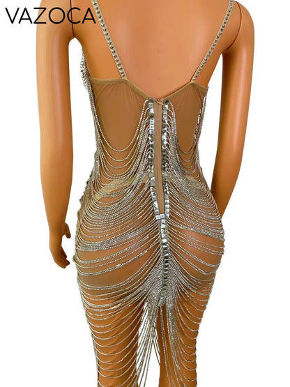 Diamond Tassel Fringe Mesh Dress