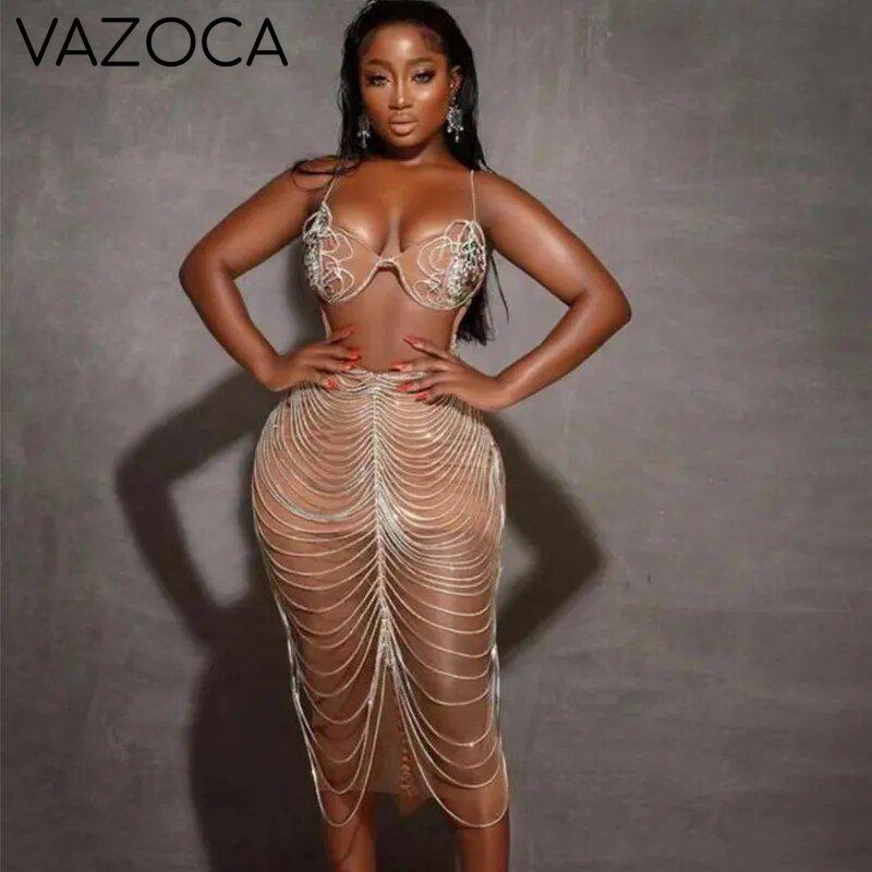 Diamond Tassel Fringe Mesh Dress