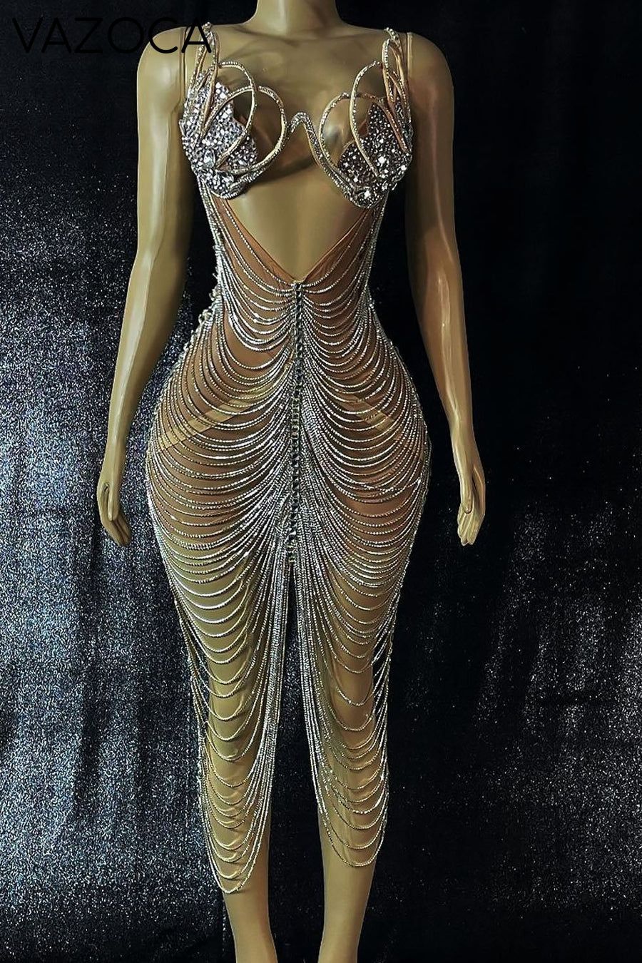 Diamond Tassel Fringe Mesh Dress