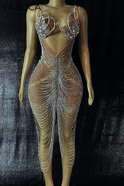 Diamond Tassel Fringe Mesh Dress