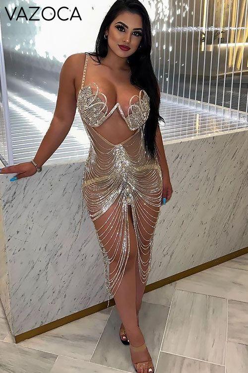 Diamond Tassel Fringe Mesh Dress