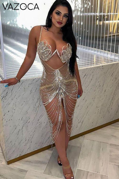 Diamond Tassel Fringe Mesh Dress