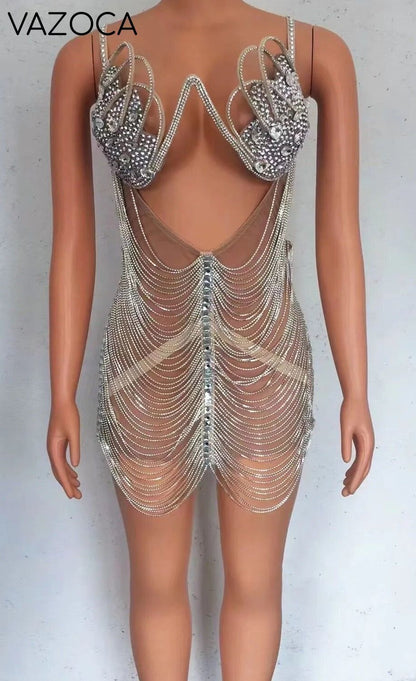 Diamond Tassel Fringe Mesh Dress