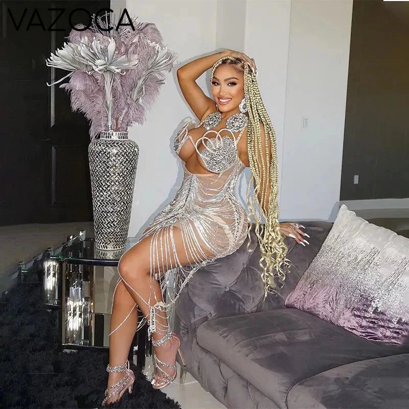 Diamond Tassel Fringe Mesh Dress