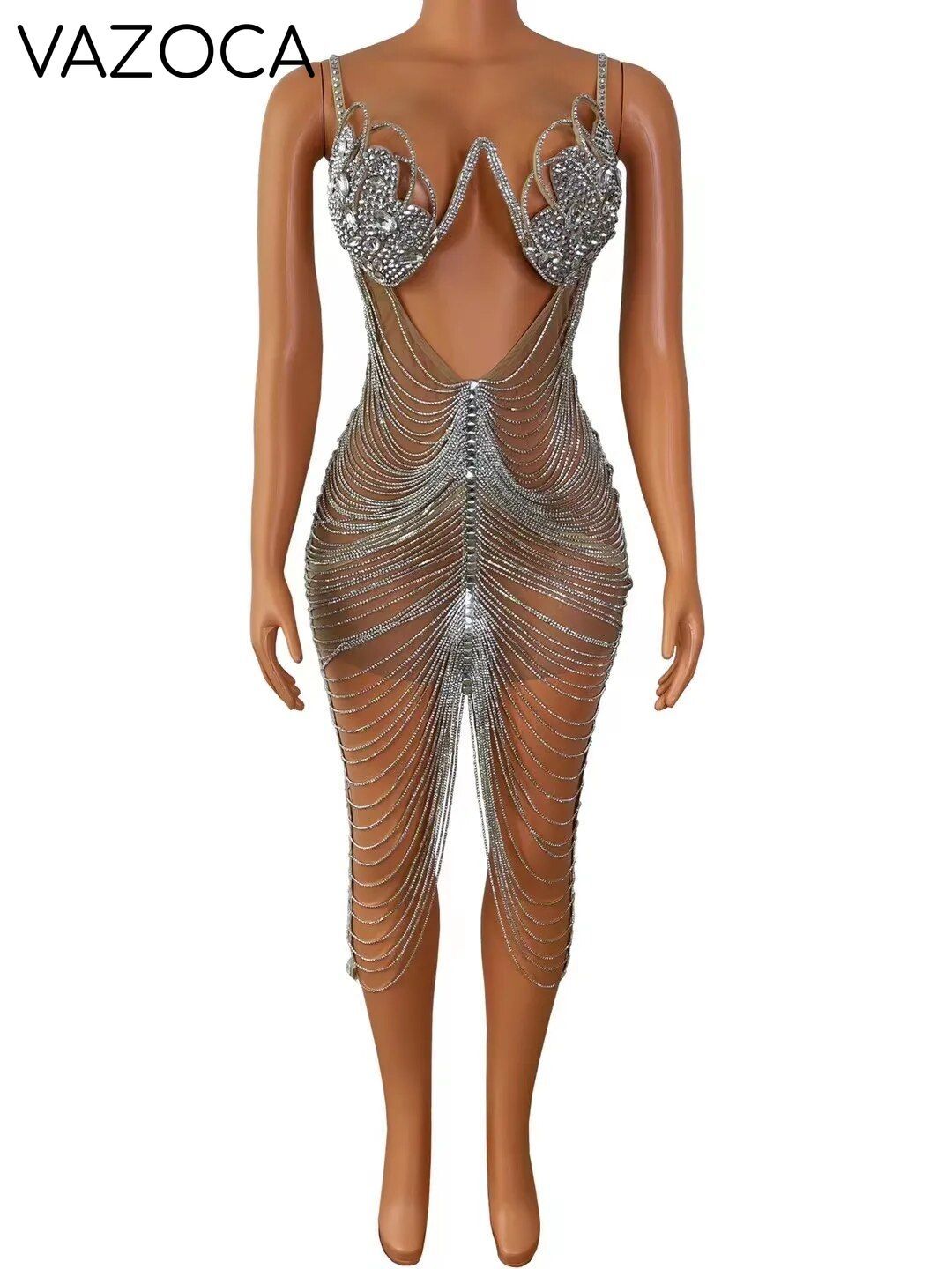 Diamond Tassel Fringe Mesh Dress