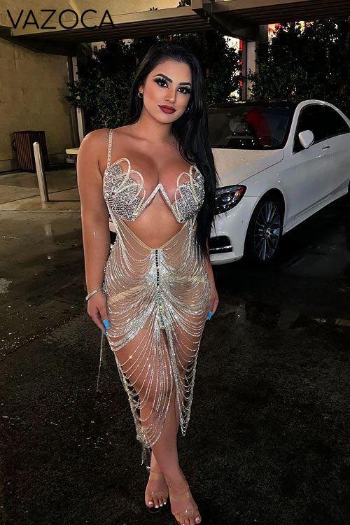 Diamond Tassel Fringe Mesh Dress