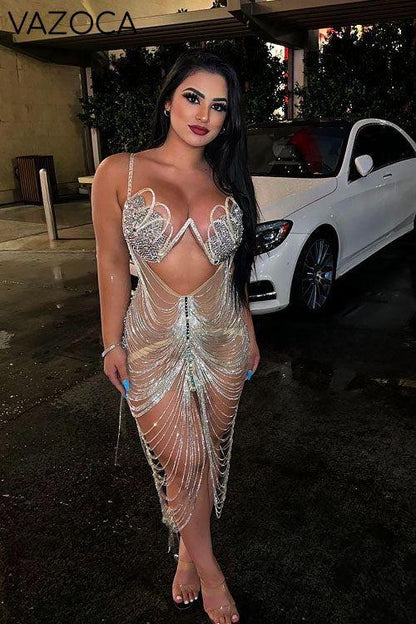 Diamond Tassel Fringe Mesh Dress