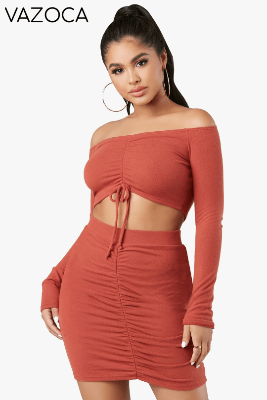 Do or Dye Off Shoulder Crop Top Set - Rust