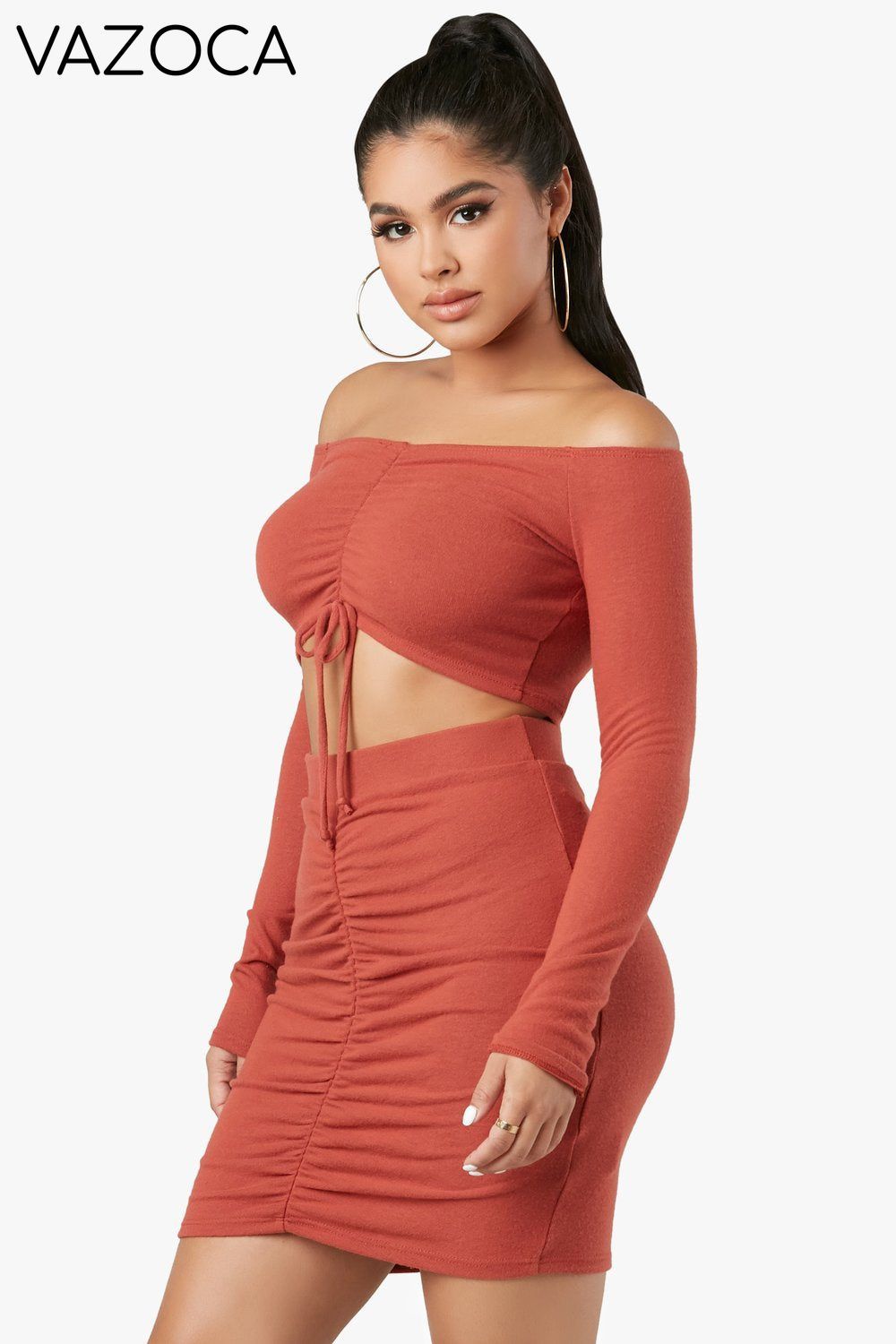 Do or Dye Off Shoulder Crop Top Set - Rust