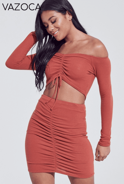 Do or Dye Off Shoulder Crop Top Set - Rust