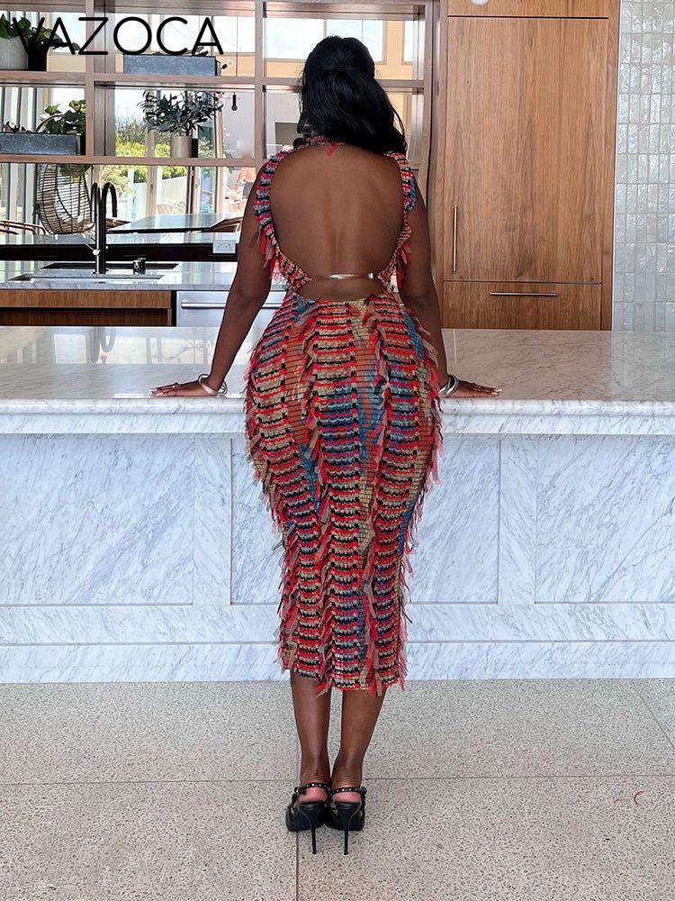 Double-Toned Fringe Mesh Dress