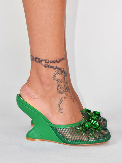 Floral Embroidered Mesh Wedge