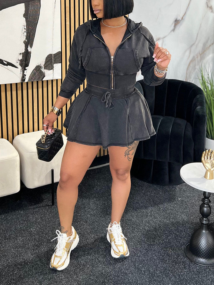 Washed Denim Cropped Jacket & Mini Skirt Set