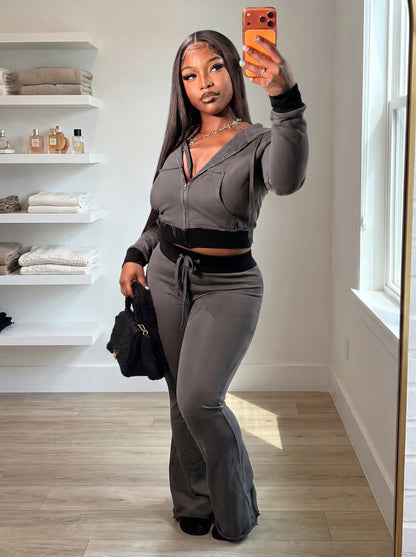 Cropped Zip Hoodie Jacket & Flare Sweatpants Set