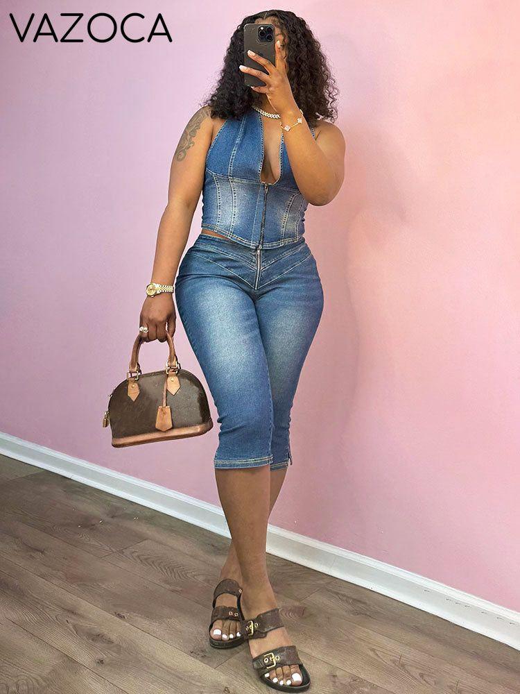 Denim Halter Crop Top & Capri Set