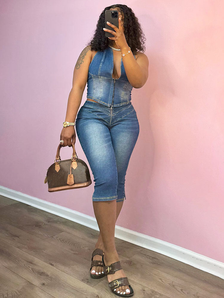Denim Halter Crop Top & Capri Set