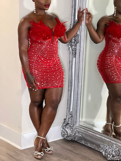 Feather Rhinestone Minidress
