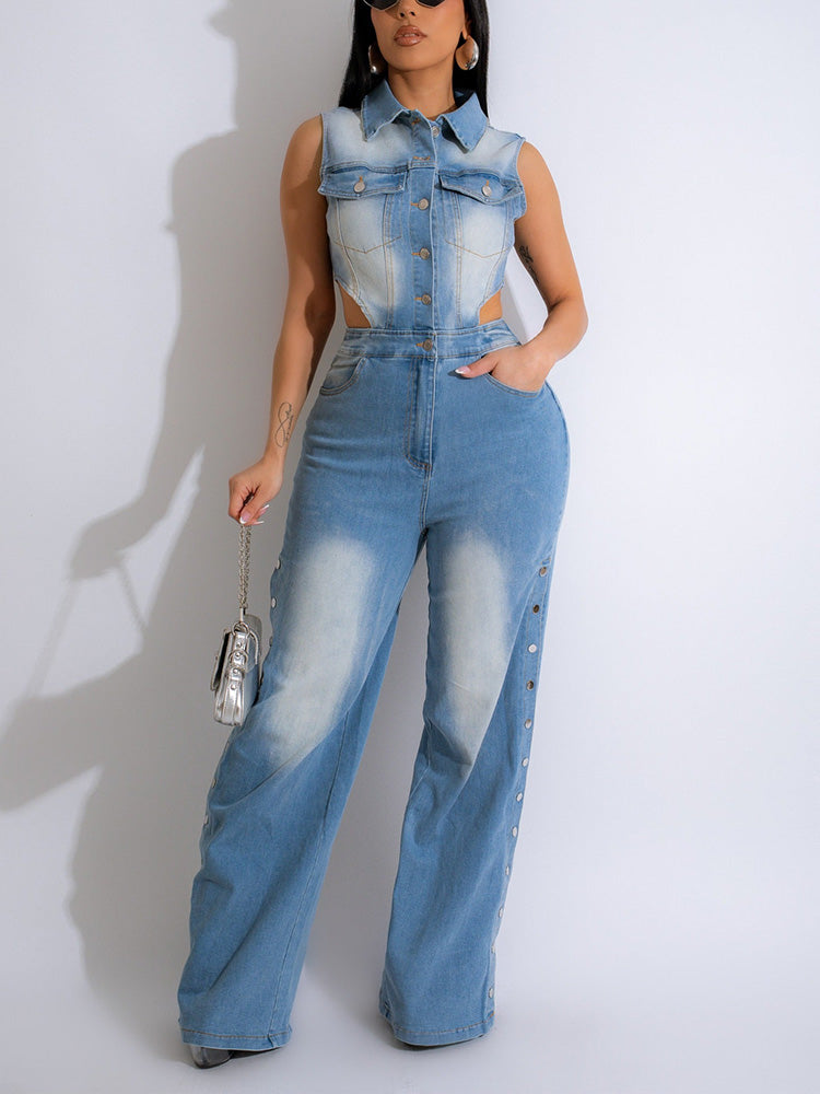 Snap Button Wide Denim Jumpsuit