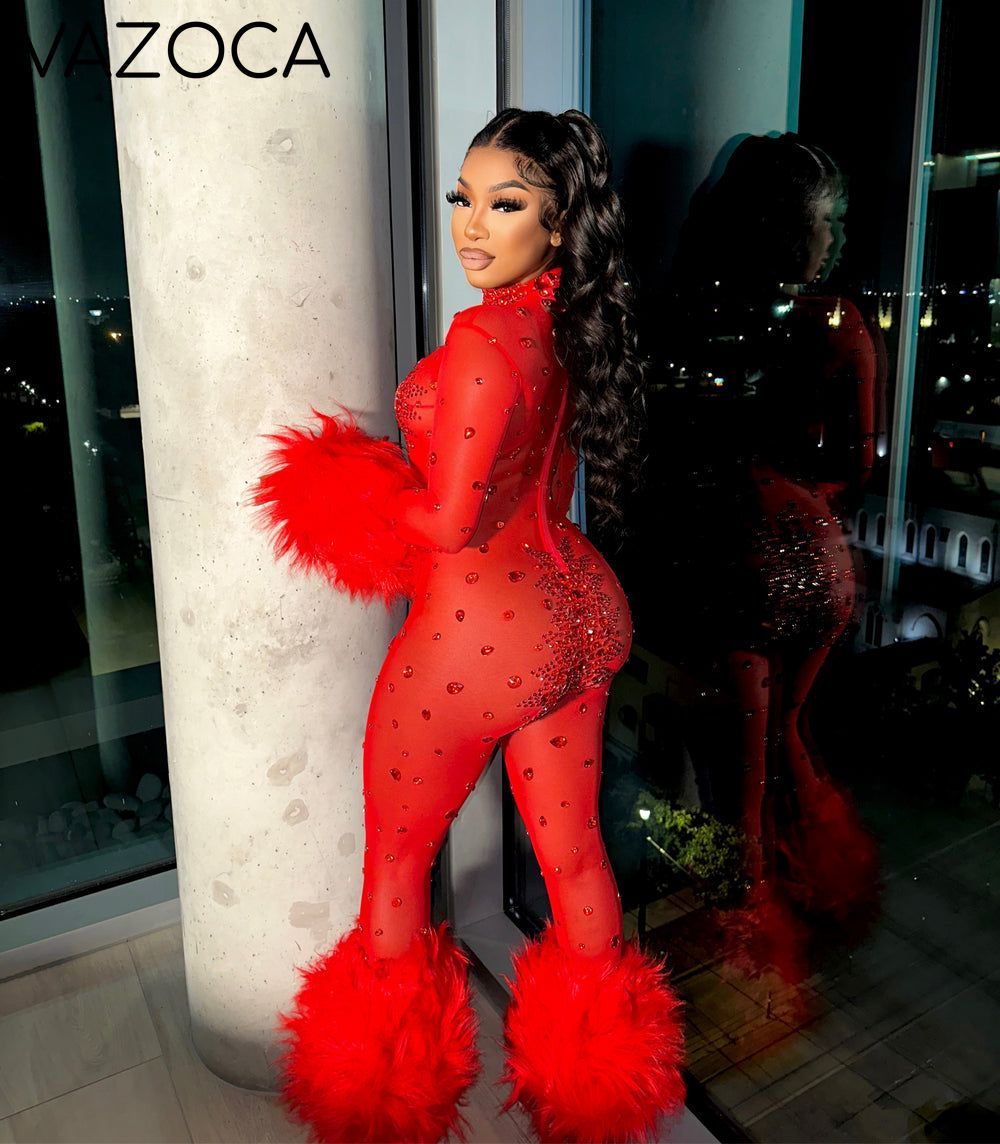Feather Rhinestone Jumpsuit