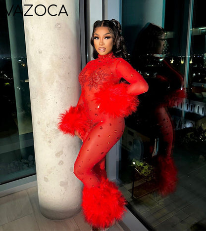 Feather Rhinestone Jumpsuit