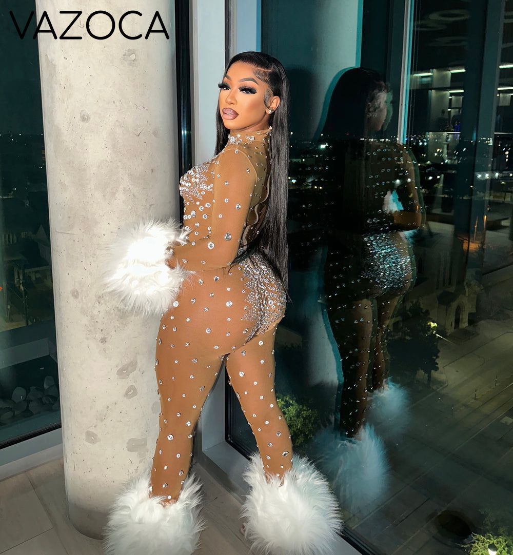 Feather Rhinestone Jumpsuit