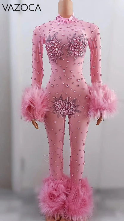 Feather Rhinestone Jumpsuit Pink