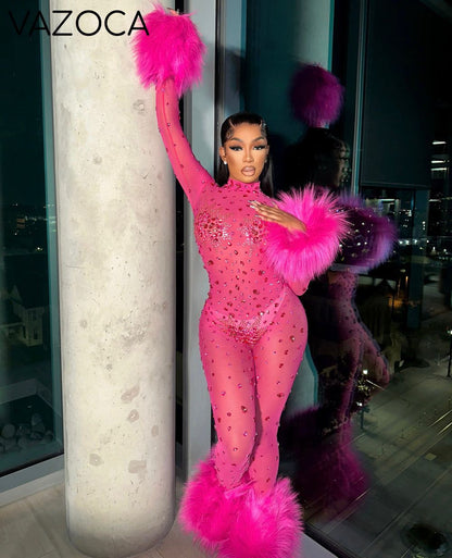 Feather Rhinestone Jumpsuit