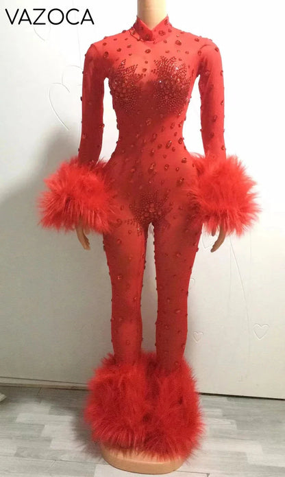 Feather Rhinestone Jumpsuit Red