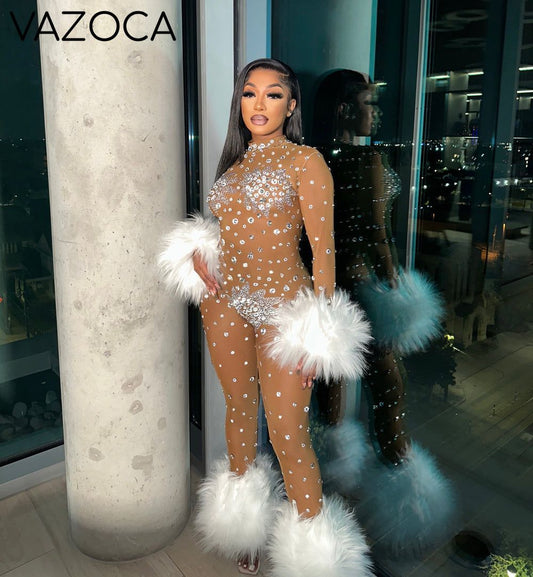 Feather Rhinestone Jumpsuit