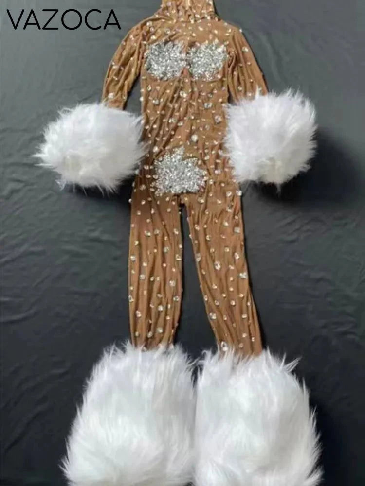 Feather Rhinestone Jumpsuit Silver