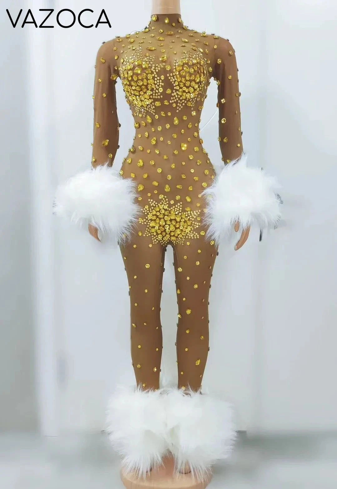 Feather Rhinestone Jumpsuit Gold