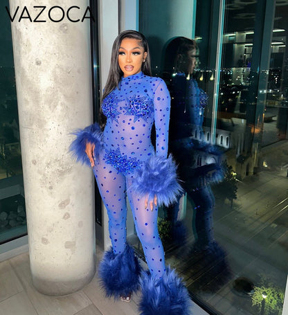 Feather Rhinestone Jumpsuit