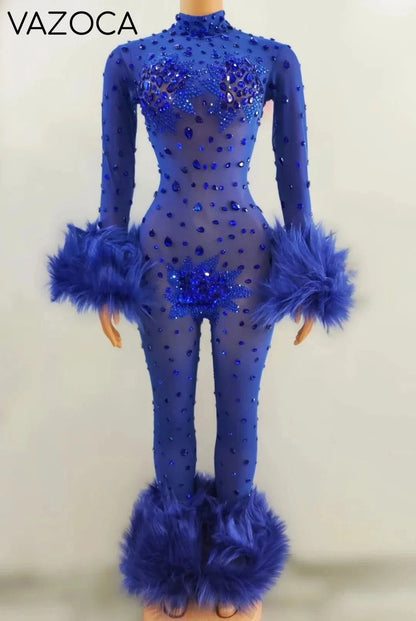 Feather Rhinestone Jumpsuit Blue
