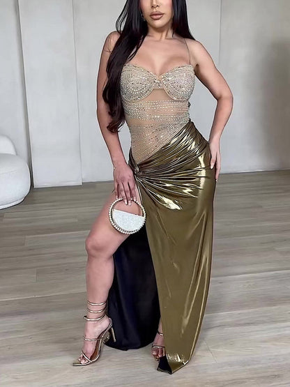 Mesh Rhinestone Metallic Dress