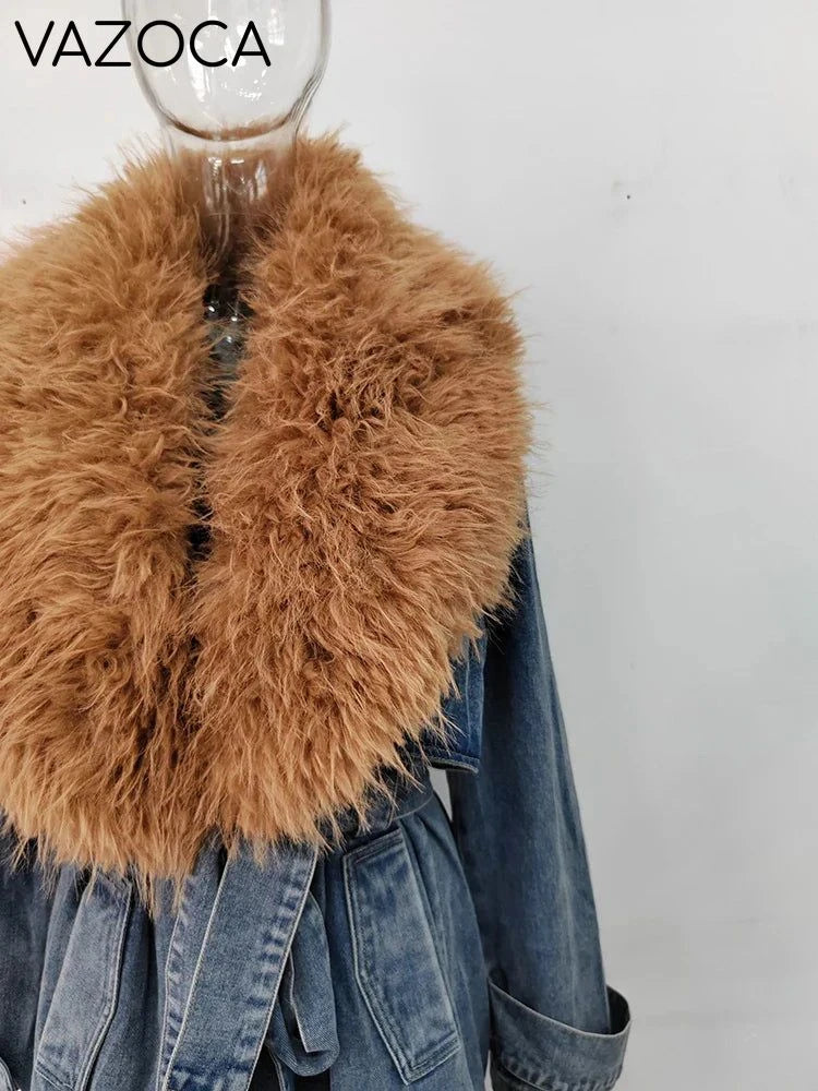 Fur Collar Trench Denim Coat