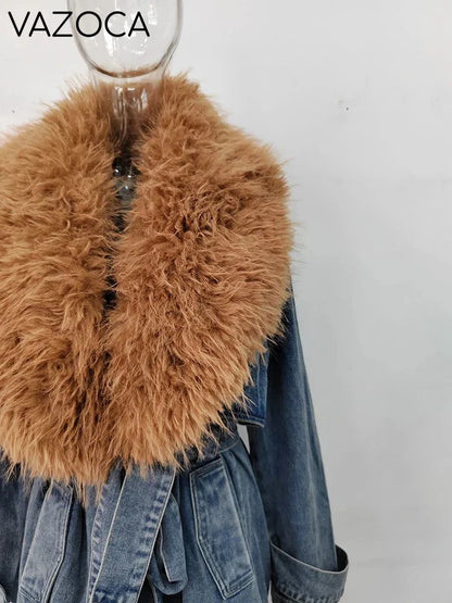 Fur Collar Trench Denim Coat