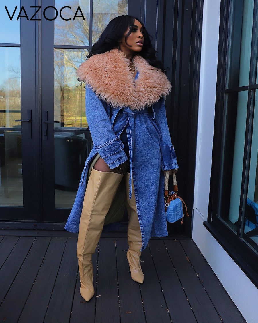 Fur Collar Trench Denim Coat