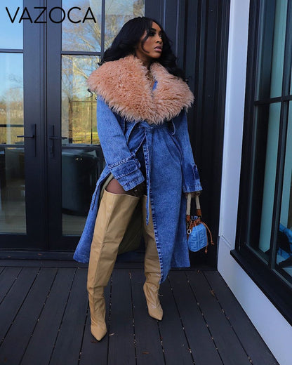 Fur Collar Trench Denim Coat
