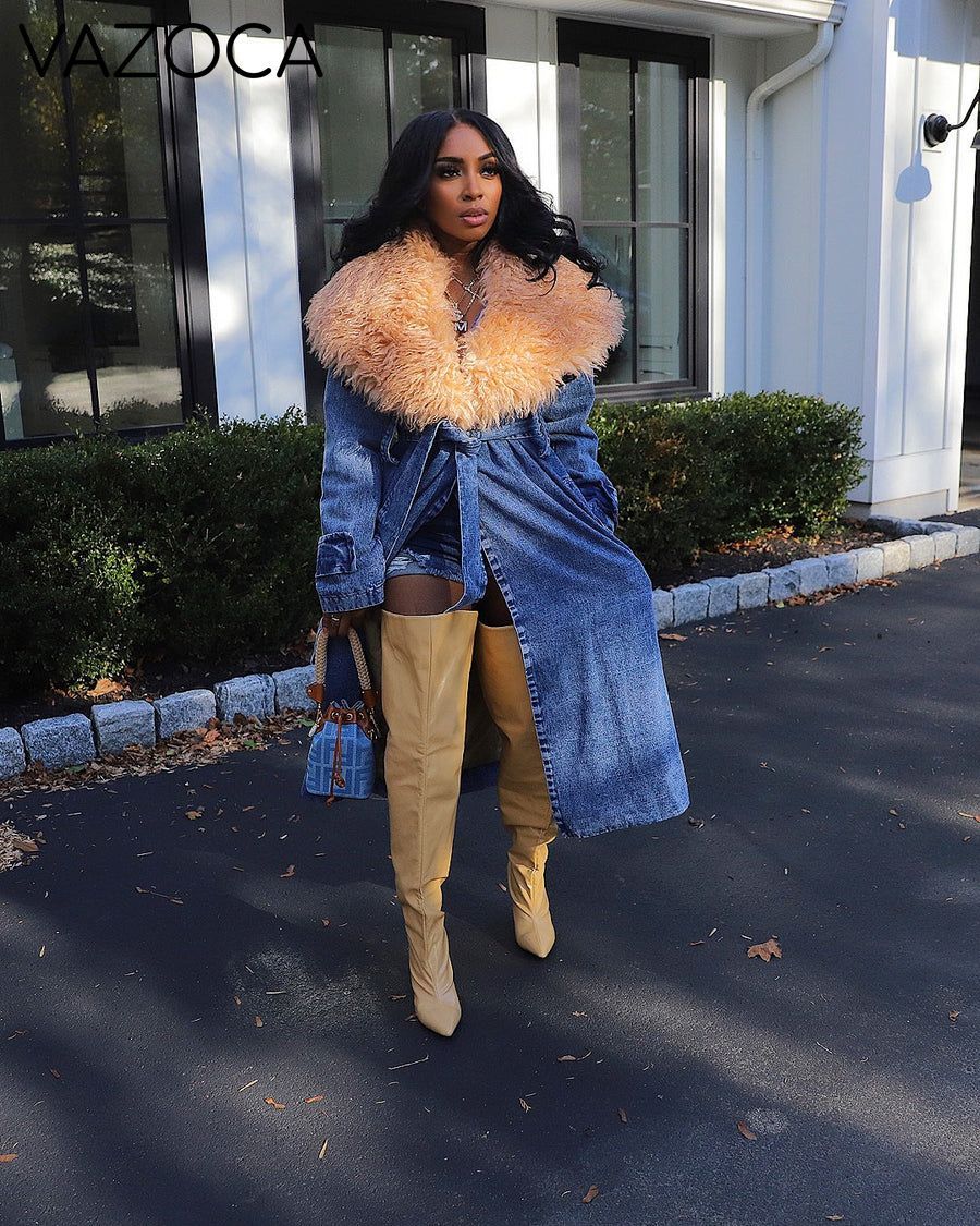 Fur Collar Trench Denim Coat