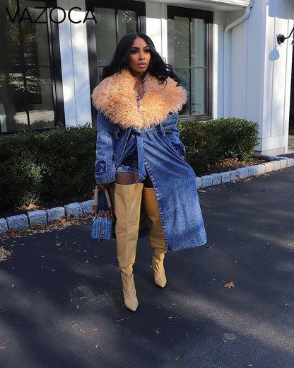 Fur Collar Trench Denim Coat